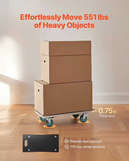 Furniture Dolly, 551 lbs Load Capacity, Furniture Moving Dollies with 4 TPR Silent Wheels, Rectangle Multifunctional Flat Dolly for Piano Furniture Couch Washing Machine Fridge, 2 Pack, Black