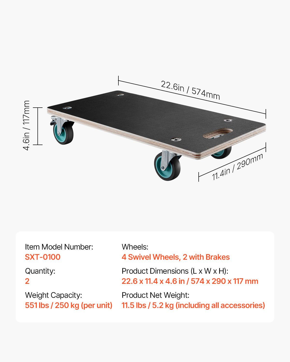 Furniture Dolly, 551 lbs Load Capacity, Furniture Moving Dollies with 4 TPR Silent Wheels, Rectangle Multifunctional Flat Dolly for Piano Furniture Couch Washing Machine Fridge, 2 Pack, Black