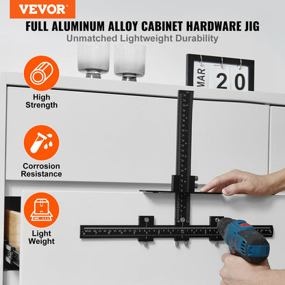 Cabinet Hardware Jig, Aluminum Alloy Cabinet Handle Jig with Center Punch, Adjustable Cabinet Hardware Template Tool, for Installation of Door Drawer Front Knobs Handles and Pulls