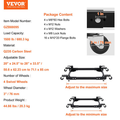 Mobile Base, 1500 lbs Capacity, Adjustable from 20" x 24.5" to 28" x 33.5", Heavy Duty Universal Mobile Base Stand with 4 Swivel Wheels, for Woodworking Equipment, Bandsaw, Power Tool, Machine