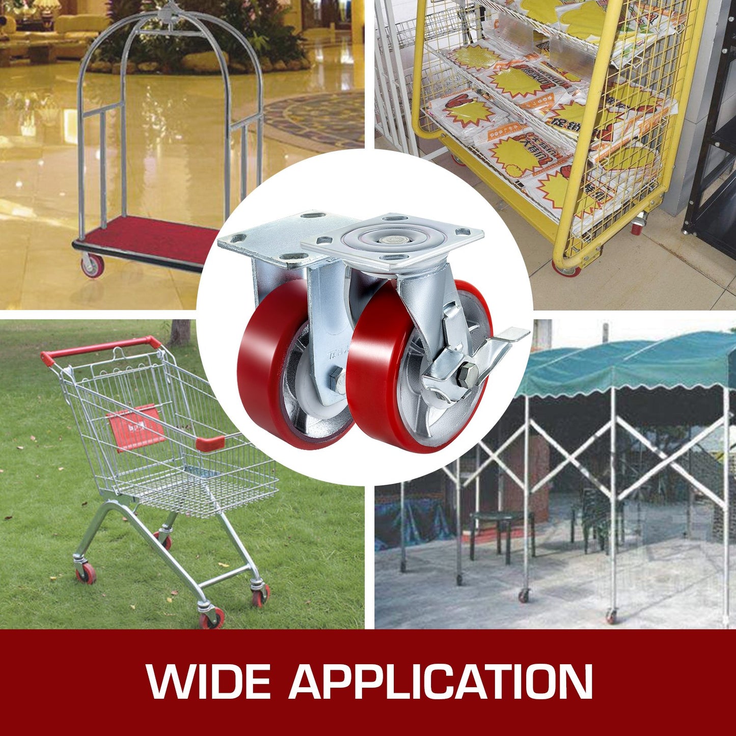 4er-Pack Lenkrollen (15,24 x 5,08 cm), 2 Bockrollen und 2 Lenkrollen mit Seitenbremse, Polyurethan-Eisenkernplatte, Tragkraft pro Rolle: 453,59 kg