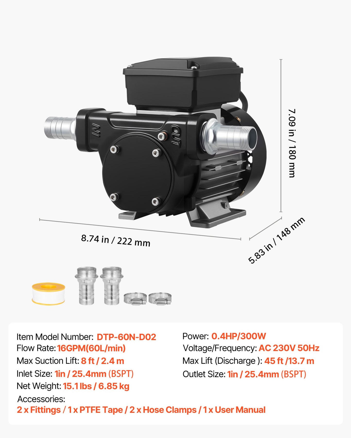 Ölförderpumpe 230 V, 16 GPM (60 l/min), Wechselstrom-Kraftstoffförderpumpe für Diesel, Kerosin und Biodiesel, max. Saughöhe 2,4 m, max. Förderhöhe 13,7 m, für Fahrzeuge, Baustellen und landwirtschaftliche Betriebe
