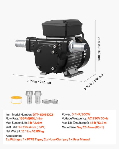 Ölförderpumpe 230 V, 16 GPM (60 l/min), Wechselstrom-Kraftstoffförderpumpe für Diesel, Kerosin und Biodiesel, max. Saughöhe 2,4 m, max. Förderhöhe 13,7 m, für Fahrzeuge, Baustellen und landwirtschaftliche Betriebe