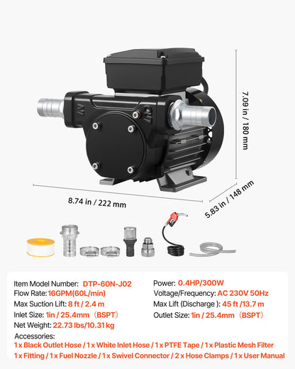 Kraftstoffförderpumpe 230 V, 16 GPM (60 l/min), elektrische Wechselstrom-Ölförderpumpe für Diesel, Kerosin und Biodiesel, mit automatischer Zapfpistole und 2 Schläuchen, max. Förderhöhe 13,7 m, für Fahrzeuge und Baustellen