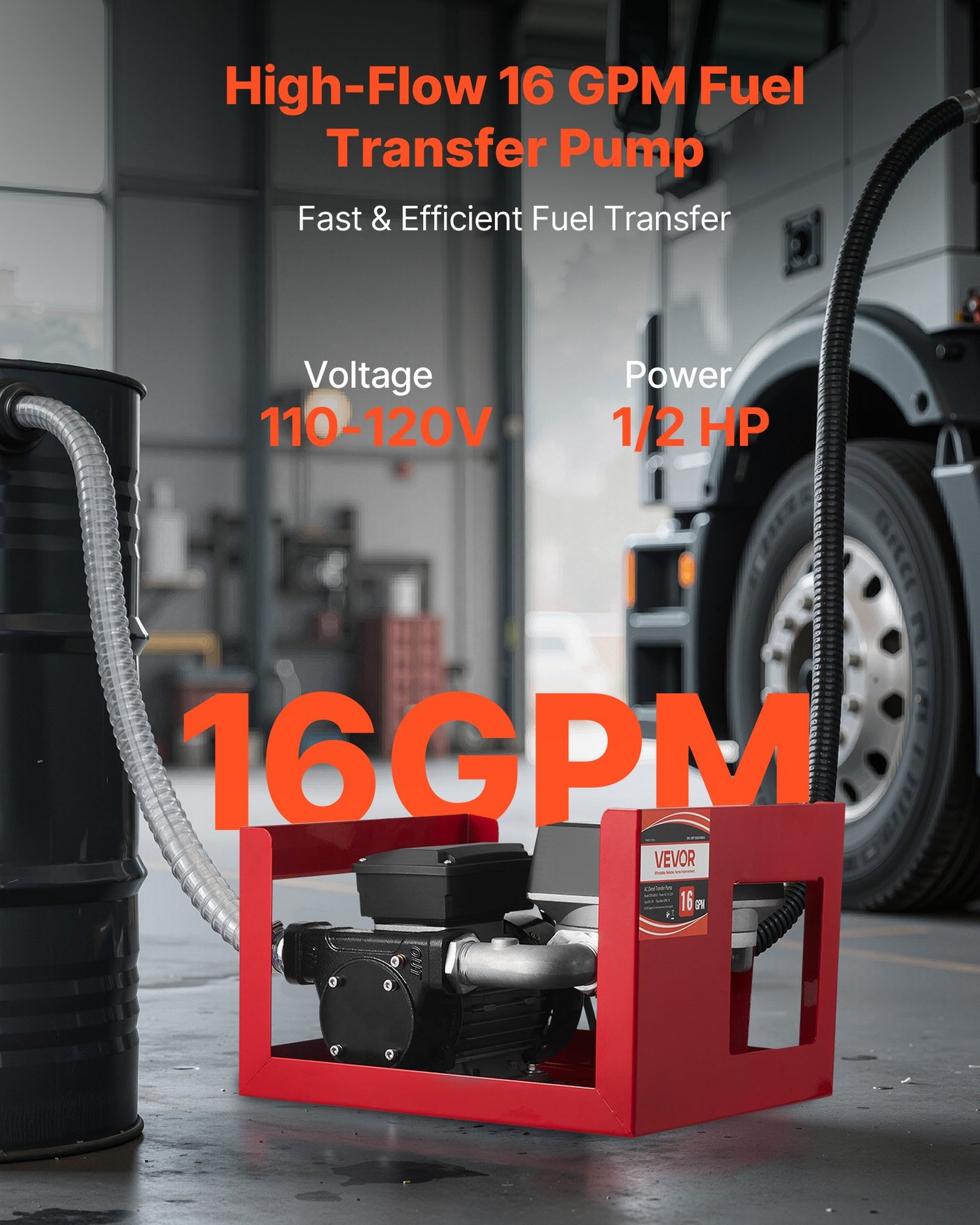 Kraftstoffförderpumpe 230 V, 16 GPM (60 l/min), elektrische Wechselstrom-Ölförderpumpe für Diesel, Kerosin und Biodiesel, mit Zähler, Zapfpistole und 2 Schläuchen, 13,7 m Förderhöhe, für Fahrzeuge und Baustellen