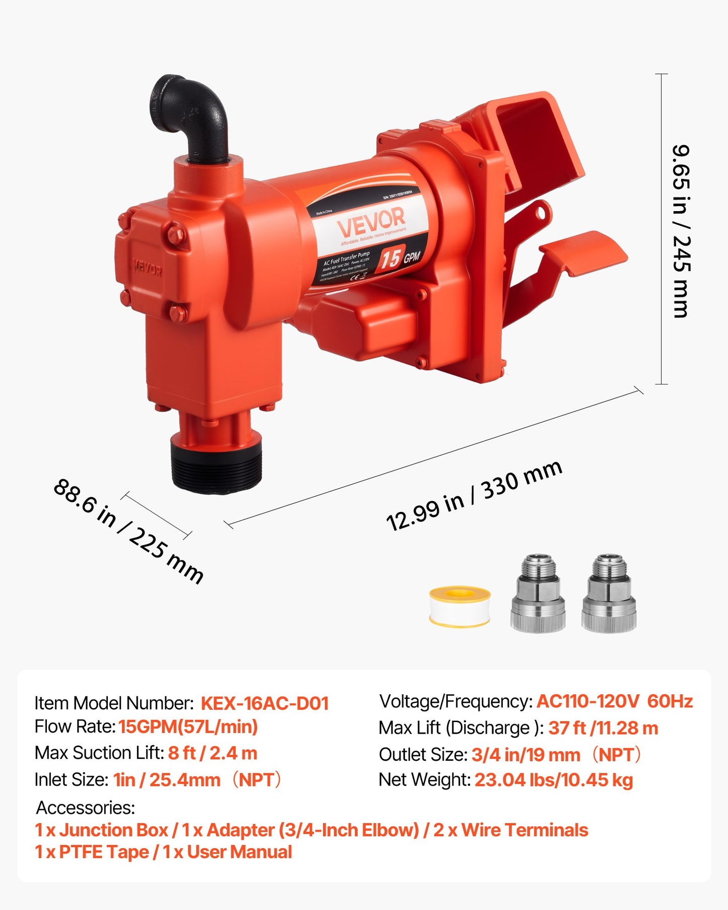 Kraftstoffförderpumpe 230 V, 15 GPM (57 l/min), Wechselstrom-Ölförderpumpe, max. Saughöhe 2,4 m, max. Förderhöhe 11,28 m, Überhitzungsschutz, für Benzin, Diesel, Kerosin, Biodiesel und Ethanol