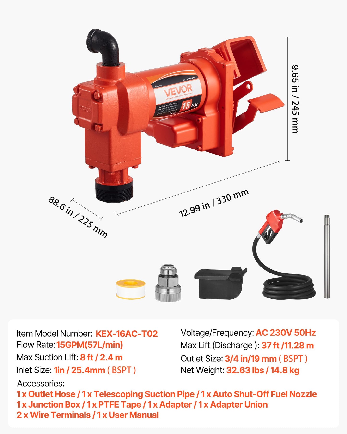 Fuel Transfer Pump 230V, 15 GPM 57 L/min, AC Electric Oil Transfer Pump, with Auto Shut-Off Fuel Nozzle & Discharge Hose, High Flow Kit for Gasoline, Diesel, Kerosene, Biodiesel, Ethanol Blends