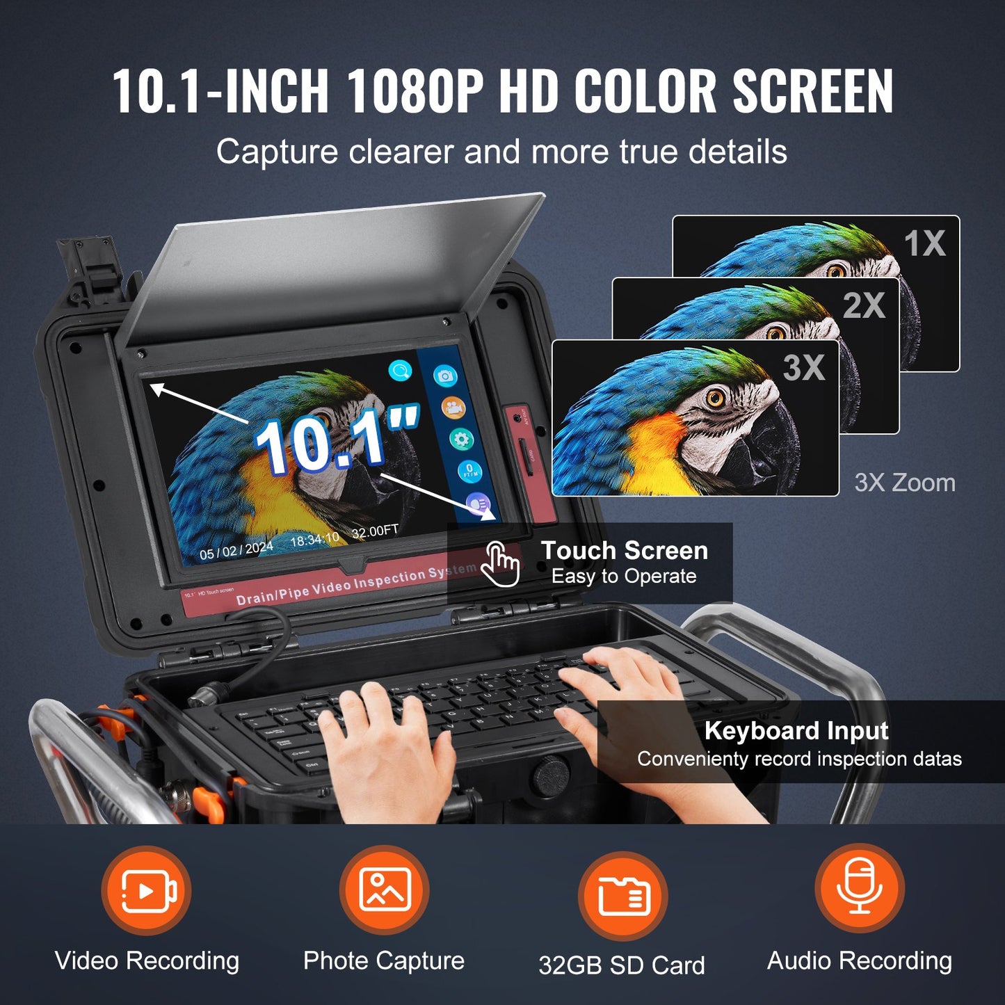 Sewer Camera, 328 ft/100m, Self-Leveling Drain Camera with 10.1" Touchscreen, 512Hz Transmitter & Distance Counter, IP67 Snake Plumbing Camera with Lights-12 LED, 32GB Card for Duct Pipe