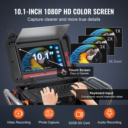 Sewer Camera, 328 ft/100m, Self-Leveling Drain Camera with 10.1" Touchscreen, 512Hz Transmitter & Distance Counter, IP67 Snake Plumbing Camera with Lights-12 LED, 32GB Card for Duct Pipe