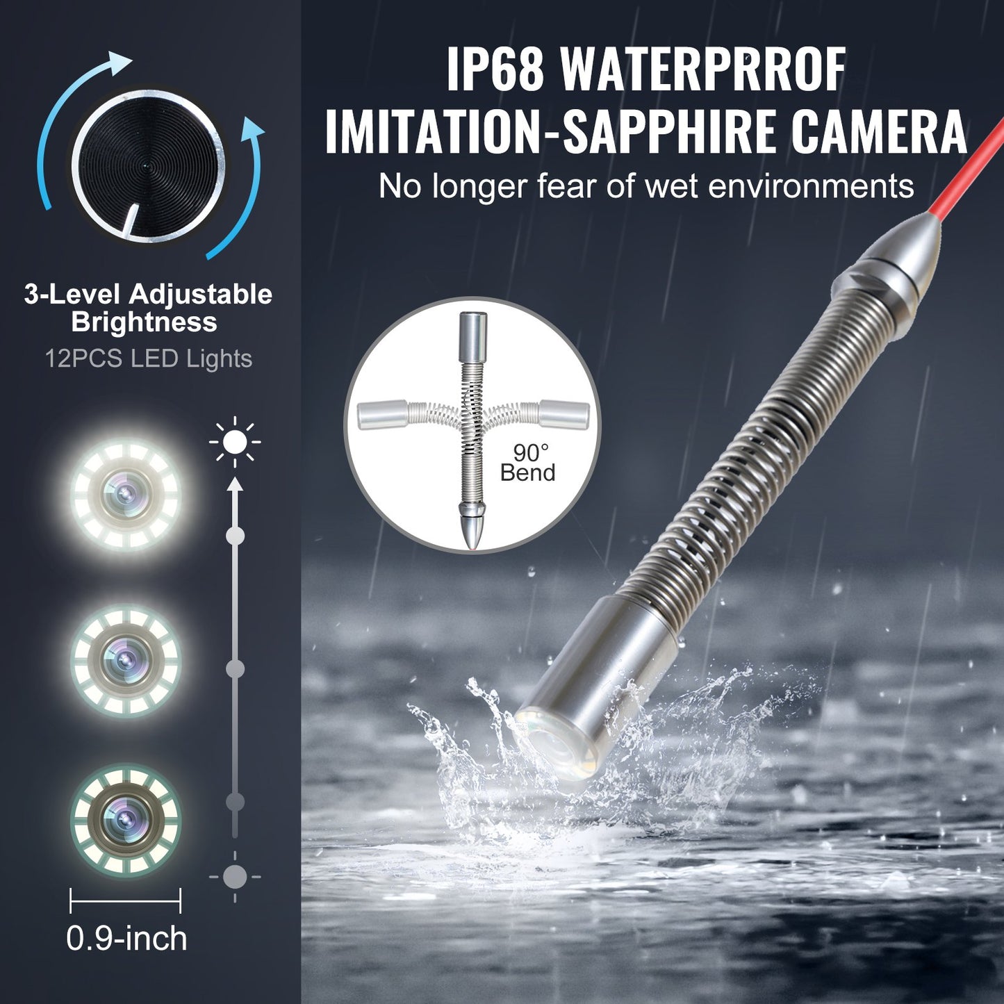 Sewer Camera, 328 ft/100m, Self-Leveling Drain Camera with 10.1" Touchscreen, 512Hz Transmitter & Distance Counter, IP67 Snake Plumbing Camera with Lights-12 LED, 32GB Card for Duct Pipe