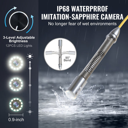 Sewer Camera, 165 ft/50m, Self-Leveling Drain Camera with 512Hz Transmitter, Distance Counter, 9" Screen 1080P HD Snake Plumbing Camera with Lights-12 LED & 32GB Card for Duct Pipe