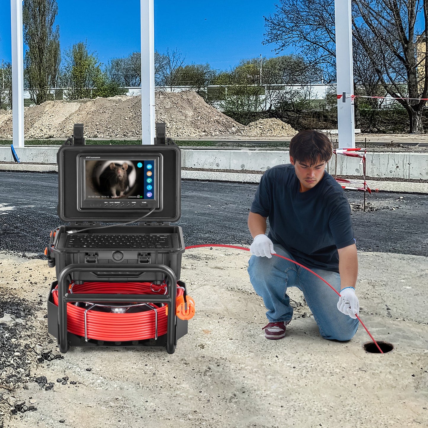 Sewer Camera, 165 ft/50m, Self-Leveling Drain Camera with 512Hz Transmitter, Distance Counter, 9" Screen 1080P HD Snake Plumbing Camera with Lights-12 LED & 32GB Card for Duct Pipe