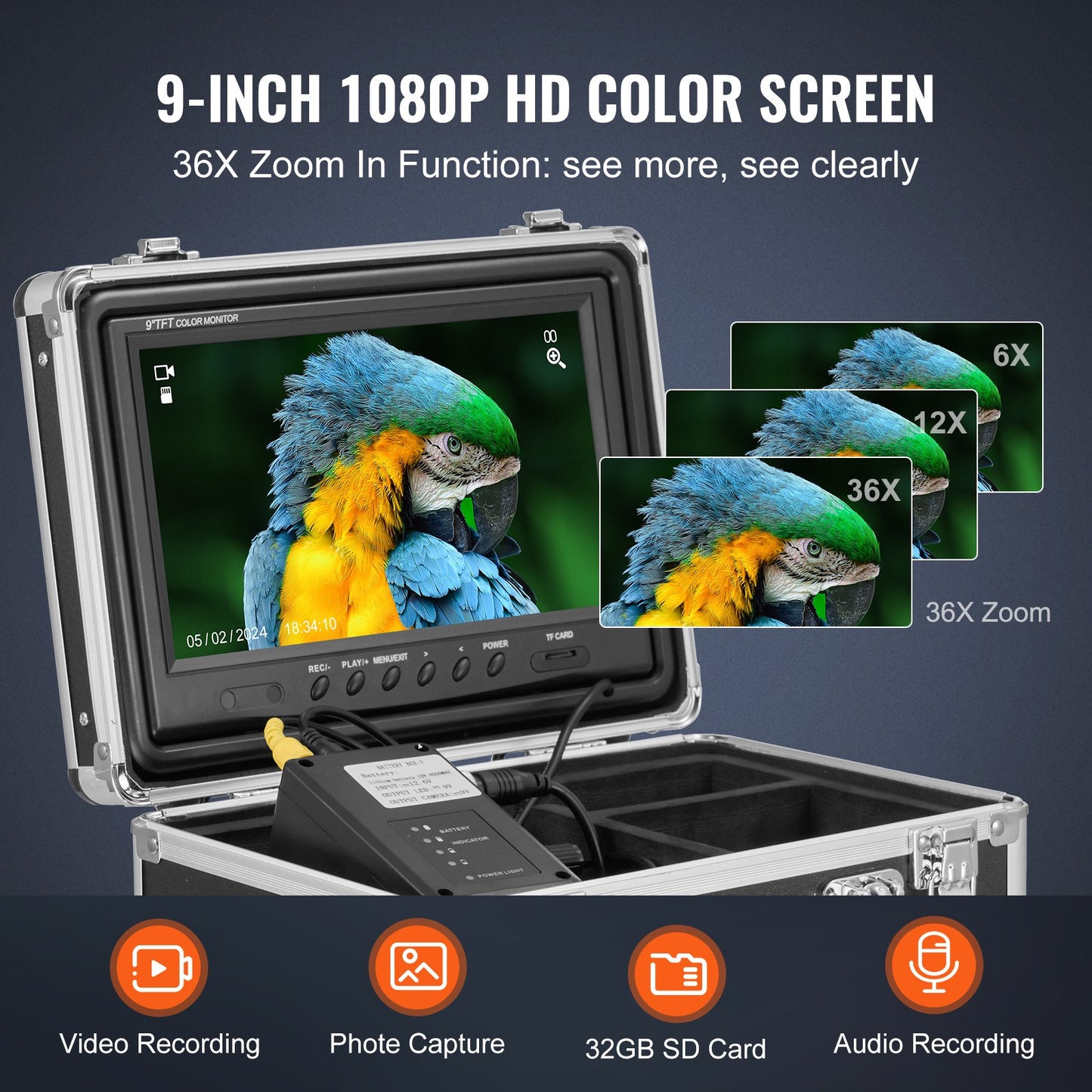 Sewer Camera with 512Hz Locator, 98 ft/30 m, Self-Leveling Drain Inspection Camera with 9" 1080P HD Screen, 36X Zoom, Snake Plumbing Camera with Lights-12 LED, 32GB SD Card for Duct Pipe