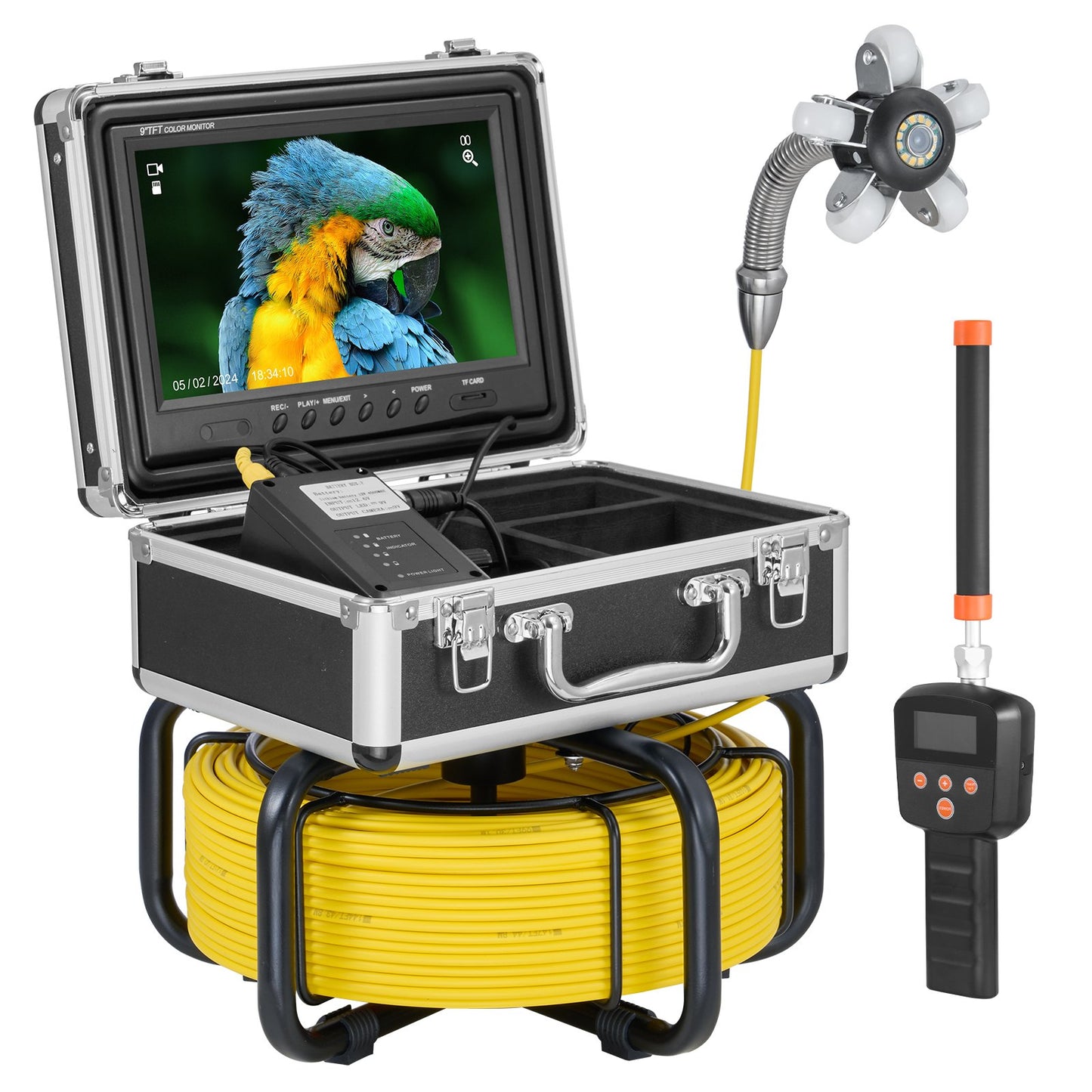 Sewer Camera with 512Hz Locator, 98 ft/30 m, Self-Leveling Drain Inspection Camera with 9" 1080P HD Screen, 36X Zoom, Snake Plumbing Camera with Lights-12 LED, 32GB SD Card for Duct Pipe