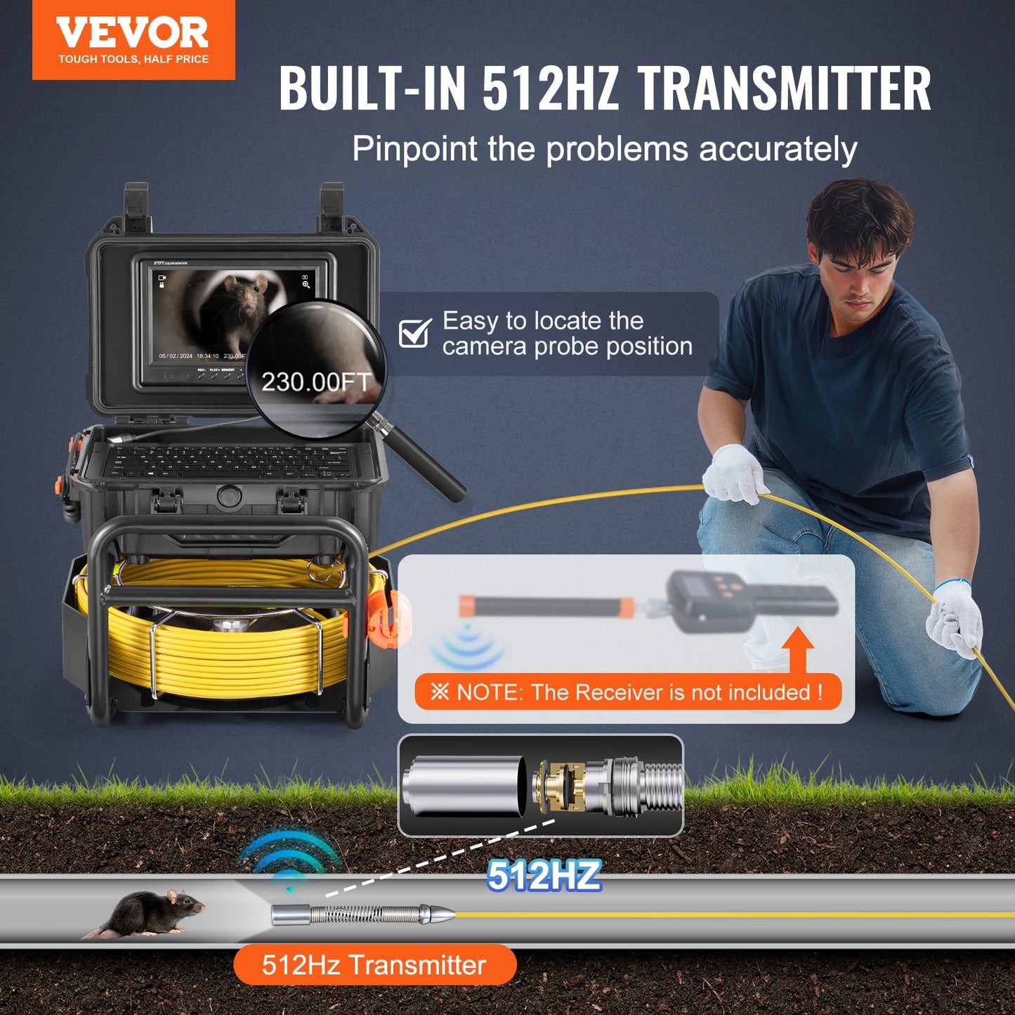 Sewer Camera, 230 ft/70m, Self-Leveling Drain Camera with 512Hz Transmitter, Distance Counter, 9" Screen 1080P HD Snake Plumbing Camera with Light-12 LED & 32GB Card for Duct Pipe