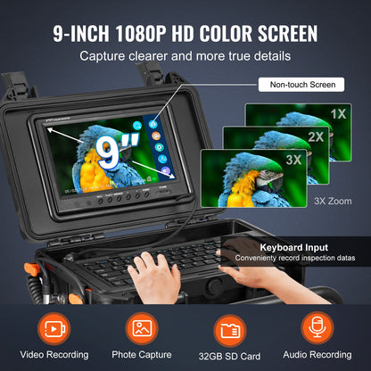 Sewer Camera, 230 ft/70m, Self-Leveling Drain Camera with 512Hz Transmitter, Distance Counter, 9" Screen 1080P HD Snake Plumbing Camera with Light-12 LED & 32GB Card for Duct Pipe