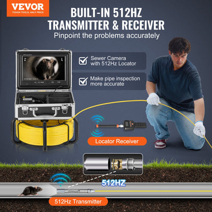 Sewer Camera with 512Hz Locator,165 ft/50 m, Self-Leveling Drain Inspection Camera with 9" 1080P HD Screen, 36X Zoom, Snake Plumbing Camera with Lights-12 LED, 32GB SD Card for Duct Pipe