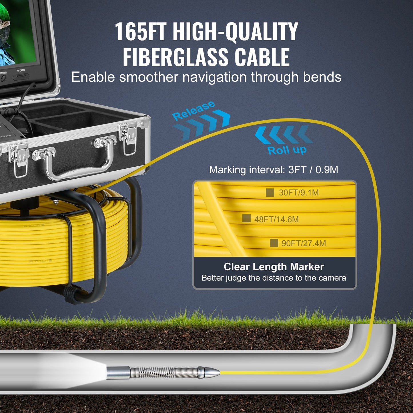 Sewer Camera with 512Hz Locator,165 ft/50 m, Self-Leveling Drain Inspection Camera with 9" 1080P HD Screen, 36X Zoom, Snake Plumbing Camera with Lights-12 LED, 32GB SD Card for Duct Pipe