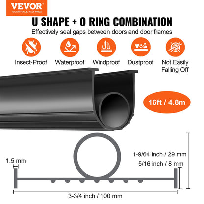Garage Door Seals Bottom Rubber, U Shape +O Ring Combination Garage Door Bottom Weather Seal, 4.88 m Weatherproofing Garage Door Seal, 8 mm T-ends and 9.5 cm Width, for Doors, Black