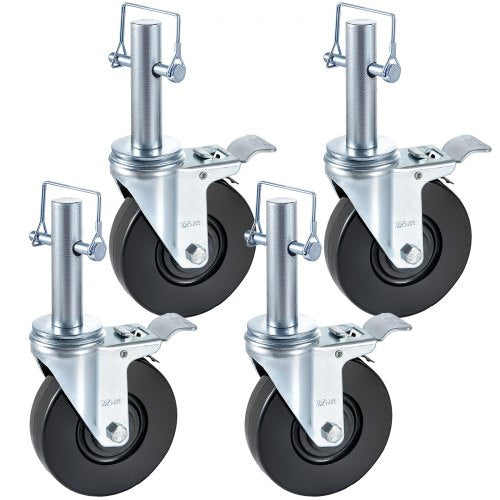 4 Pack 5" Scaffolding Rubber Swivel Caster Wheels with Dual Locking Heavy Duty Casters 1" Solid Round Stem 280LBS Capacity Per Wheel for Warehousing and Industrial Equipment