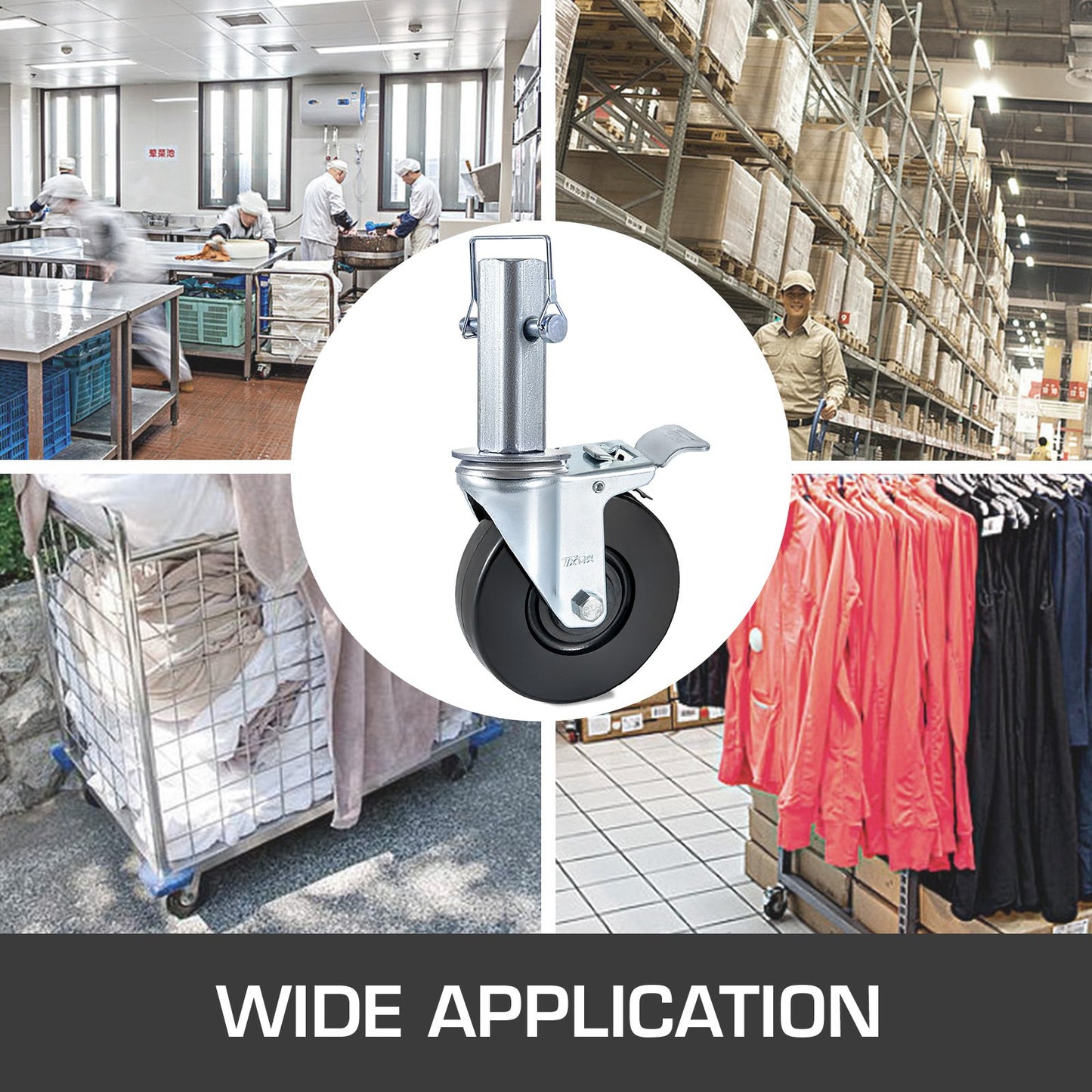 4er-Pack 12,7 cm (5 Zoll) Schwerlast-Gerüstlenkrollen aus Gummi mit doppelter Feststellbremse, 3,2 cm (1,25 Zoll) Vierkantschaft, Tragkraft 199,6 kg (440 lbs) pro Rolle