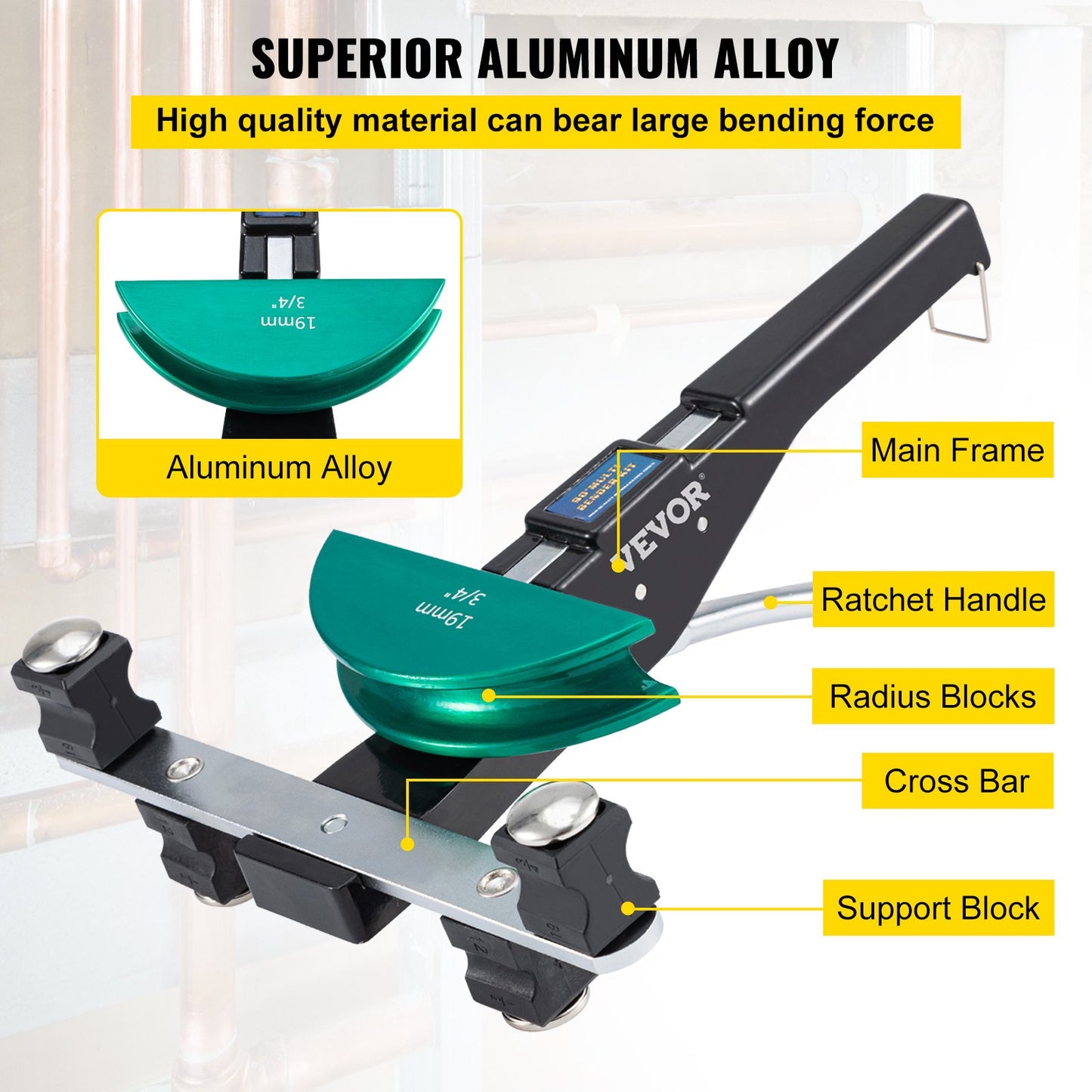 Kupferrohrbieger, 7 farbige Biegebacken, 1/4-7/8 Zoll, 90 Grad Vorwärts- und Rückwärtsbiegung, 6-22 mm für Kupfer- und Aluminiumrohre mit Rückwärtsbiegeaufsatz