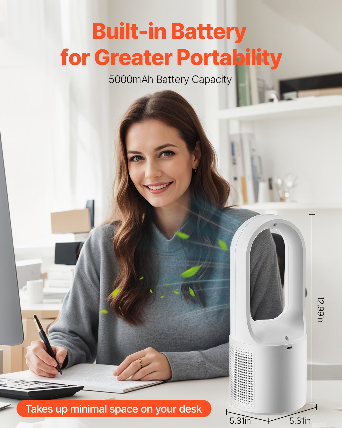 Desk Fan Bladeless, 12.99 Inch Portable Desk Fan, 6-Speed USB Quiet Cooling Small Tower Fan with Rechargeable Battery, Easy to Clean & Kids-Friendly, Blows Cold Air for Bedroom, Office, Home