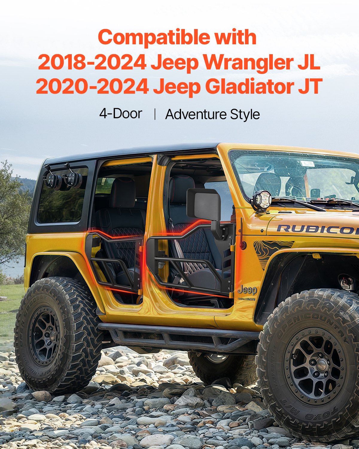 Jeep Tube Doors, 4-Door, Adventure Style Jeep Tubular Door with DOT Certified Rear View Mirrors, Jeep Doors with Rear Mirrors for 2018-2024 Jeep Wrangler JL & 2020-2024 Jeep Gladiator JT
