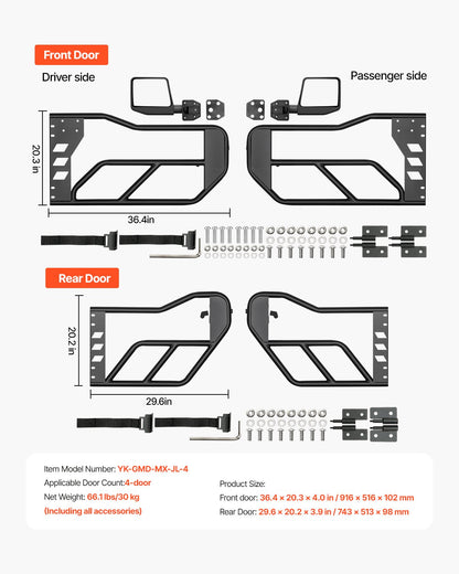 Jeep Tube Doors, 4-Door, Adventure Style Jeep Tubular Door with DOT Certified Rear View Mirrors, Jeep Doors with Rear Mirrors for 2018-2024 Jeep Wrangler JL & 2020-2024 Jeep Gladiator JT