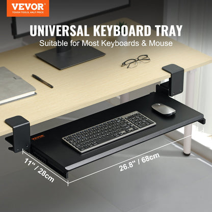 Clamp on Keyboard Tray Under Desk, Desk Keyboard Tray Slide out with Sturdy No-drill C Clamp Mount, Large 26.8 x 11 inch Slide-out Computer Drawer for Typing in Home, Office Work