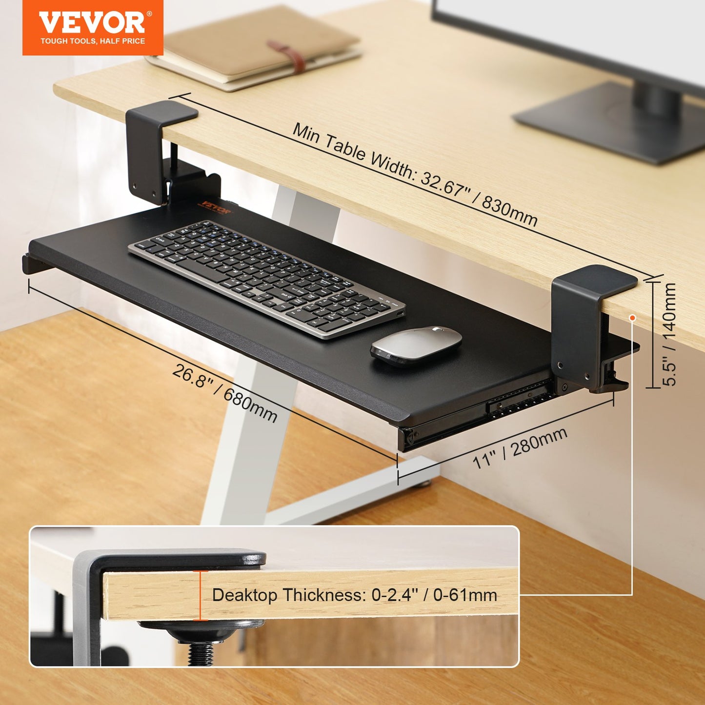 Clamp on Keyboard Tray Under Desk, Desk Keyboard Tray Slide out with Sturdy No-drill C Clamp Mount, Large 26.8 x 11 inch Slide-out Computer Drawer for Typing in Home, Office Work
