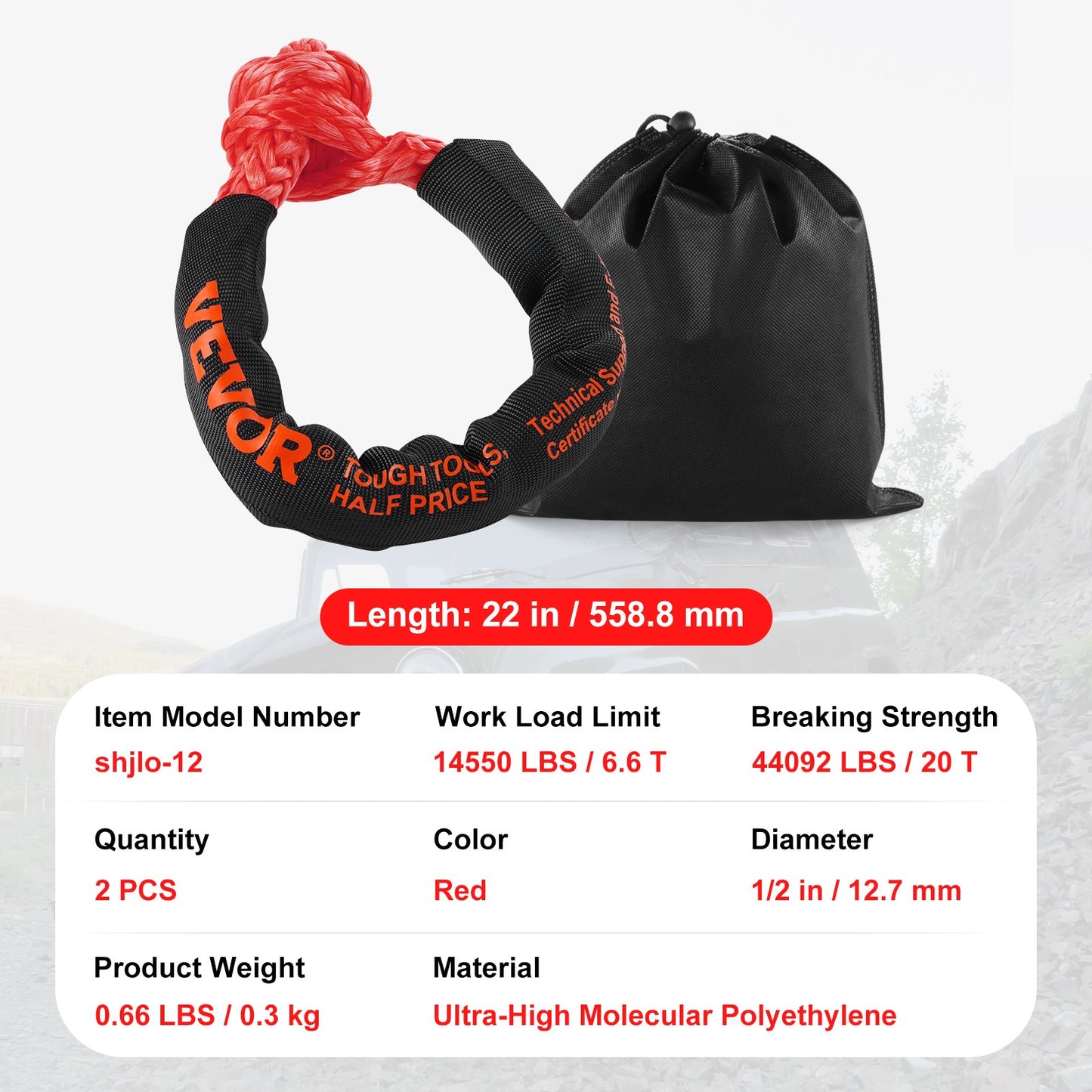 Soft Shackle Synthetic Recovery Rope 2PCS 1.3x56 cm 20 Ton Break Strength
