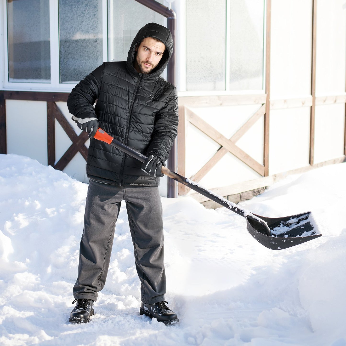 Beheizbare Herrenjacke mit 7,4-V-Akku, Softshell-Heizmantel, winddichte, leichte Oberbekleidung mit 6 Heizzonen und 3 Heizstufen für Wandern, Outdoor-Arbeit, Schwarz