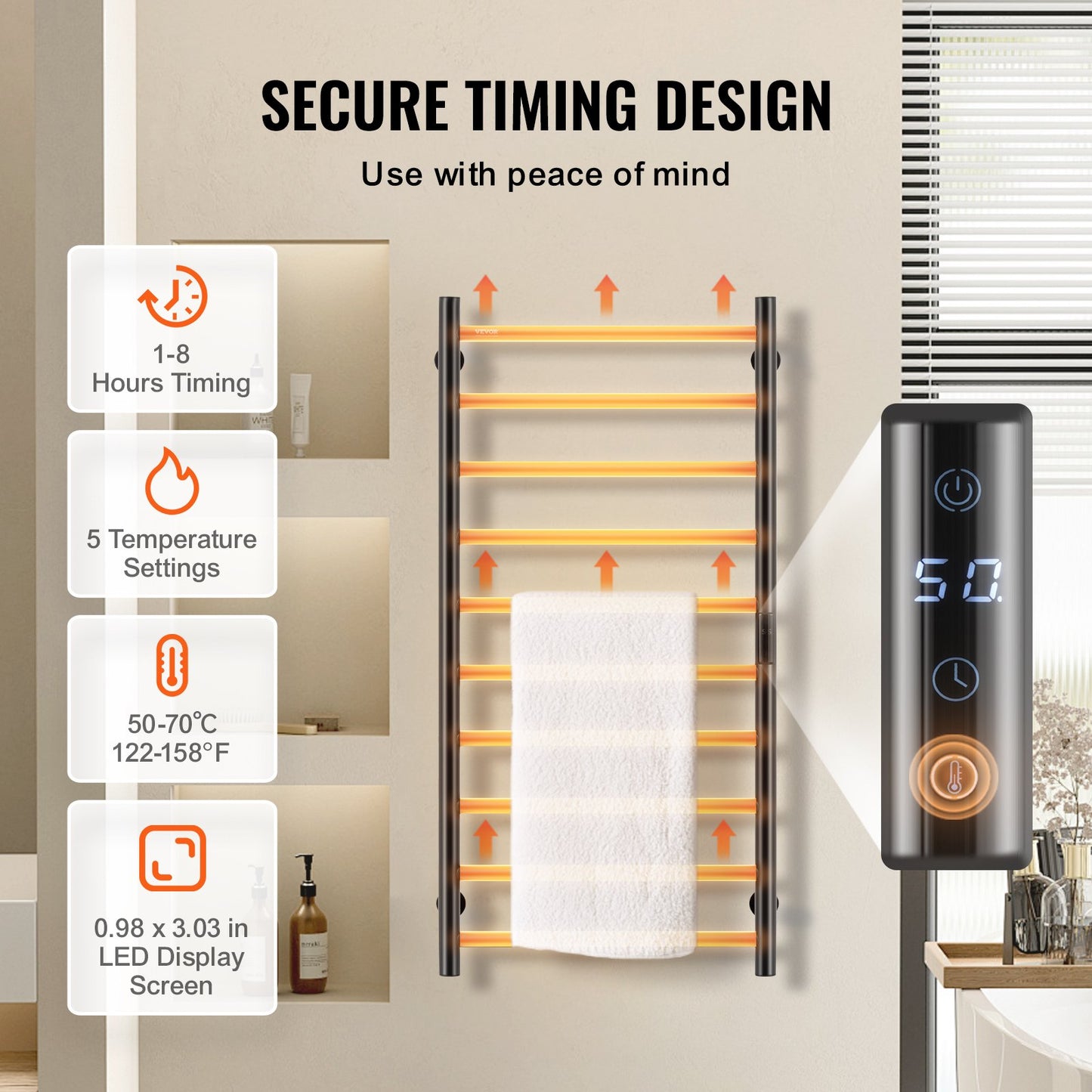 10 Bars Towel Warmer Rack, Wall Mounted Heated Towel Rack for Bathroom, IPX5 Waterpoof Towel Heater Rack with Timer & LED Display Screen, 5 Levels Adjustable Temperature Towel Heater, Black