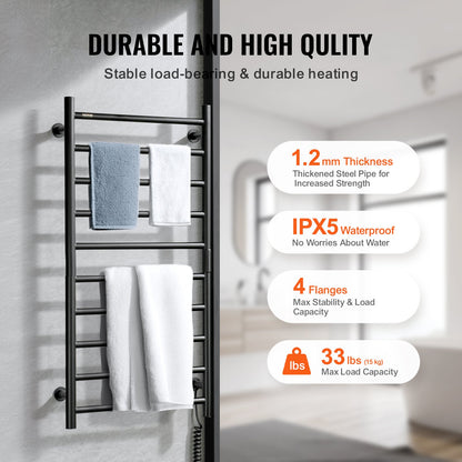 10 Bars Towel Warmer Rack, Wall Mounted Heated Towel Rack for Bathroom, IPX5 Waterpoof Towel Heater Rack with Timer & LED Display Screen, 5 Levels Adjustable Temperature Towel Heater, Black