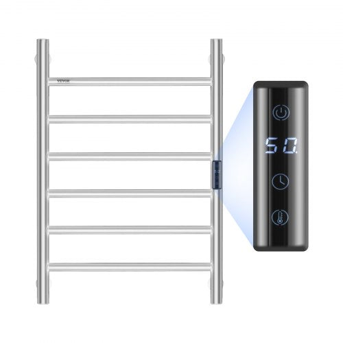 6 Bars Towel Warmer Rack, Wall Mounted Heated Towel Rack for Bathroom, IPX5 Waterpoof Towel Heater Rack with Timer & LED Display Screen, 5 Levels Adjustable Temperature Towel Heater, Silver