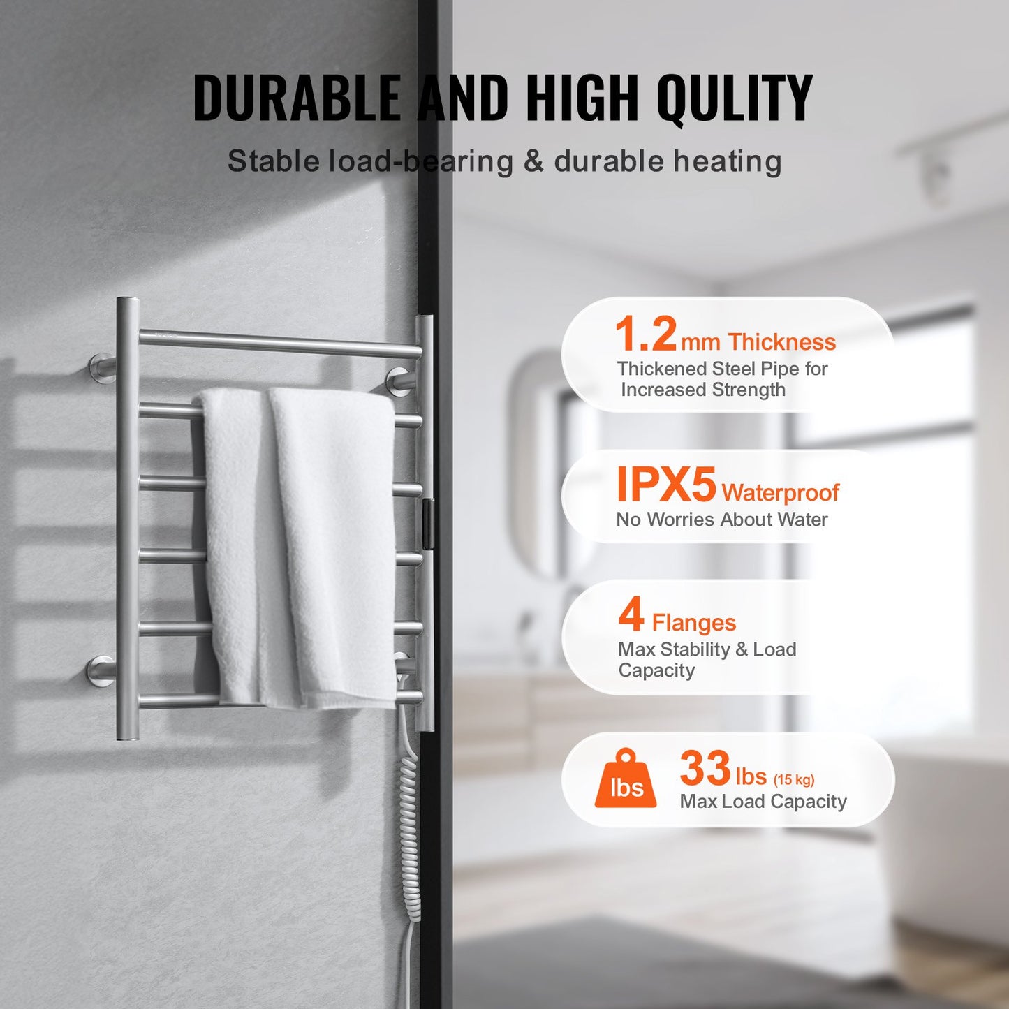 6 Bars Towel Warmer Rack, Wall Mounted Heated Towel Rack for Bathroom, IPX5 Waterpoof Towel Heater Rack with Timer & LED Display Screen, 5 Levels Adjustable Temperature Towel Heater, Silver