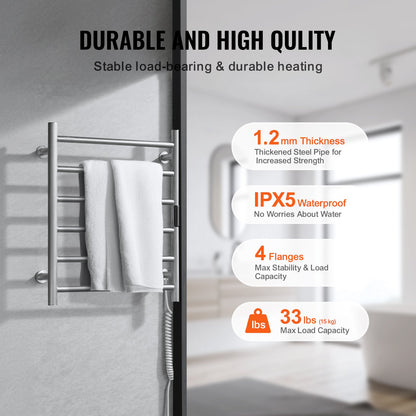 6 Bars Towel Warmer Rack, Wall Mounted Heated Towel Rack for Bathroom, IPX5 Waterpoof Towel Heater Rack with Timer & LED Display Screen, 5 Levels Adjustable Temperature Towel Heater, Silver