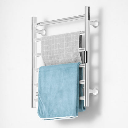 6 Bars Towel Warmer Rack, Wall Mounted Heated Towel Rack for Bathroom, IPX5 Waterpoof Towel Heater Rack with Timer & LED Display Screen, 5 Levels Adjustable Temperature Towel Heater, Silver