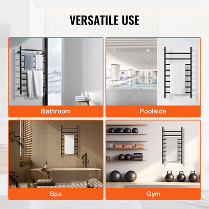 8 Bars Towel Warmer Rack, Wall Mounted Heated Towel Rack for Bathroom, IPX5 Waterpoof Towel Heater Rack with Timer & LED Display Screen, 5 Levels Adjustable Temperature Towel Heater, Black