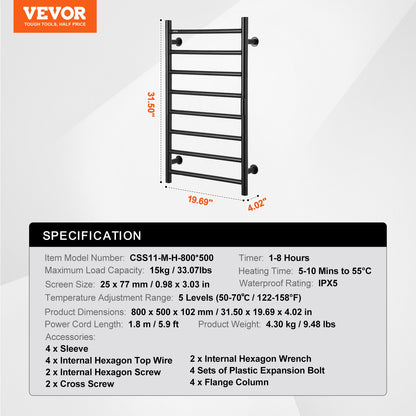 8 Bars Towel Warmer Rack, Wall Mounted Heated Towel Rack for Bathroom, IPX5 Waterpoof Towel Heater Rack with Timer & LED Display Screen, 5 Levels Adjustable Temperature Towel Heater, Black