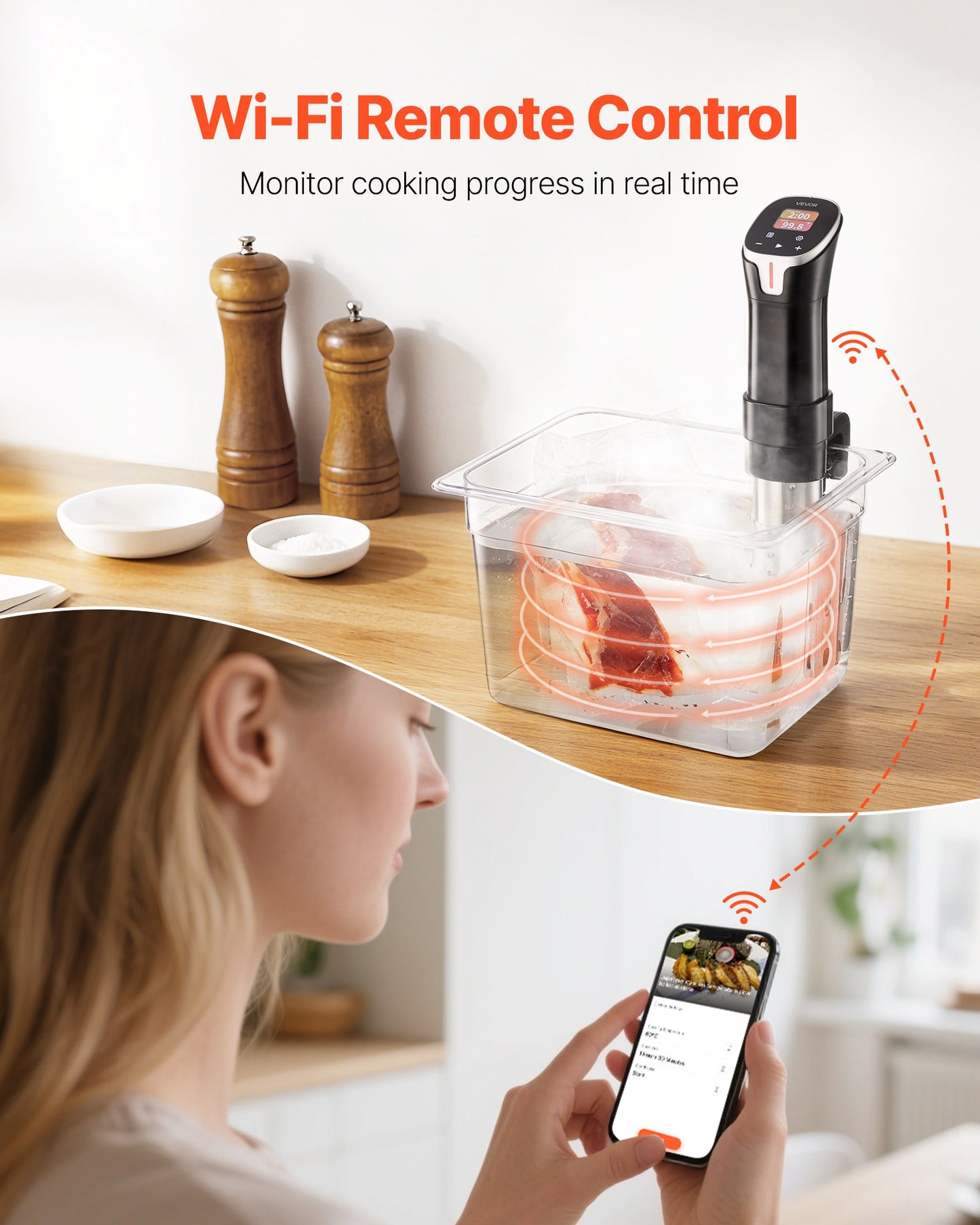 Sous-Vide-Präzisionsgarer, 1100-W-Sous-Vide-Gerät, WLAN-fähiger Umwälzthermostat mit 10 voreingestellten Rezepten, LCD-Touchscreen, schnelles Aufheizen, präzise Temperatur- und Timerfunktion, App-Steuerung, Sous-Vide