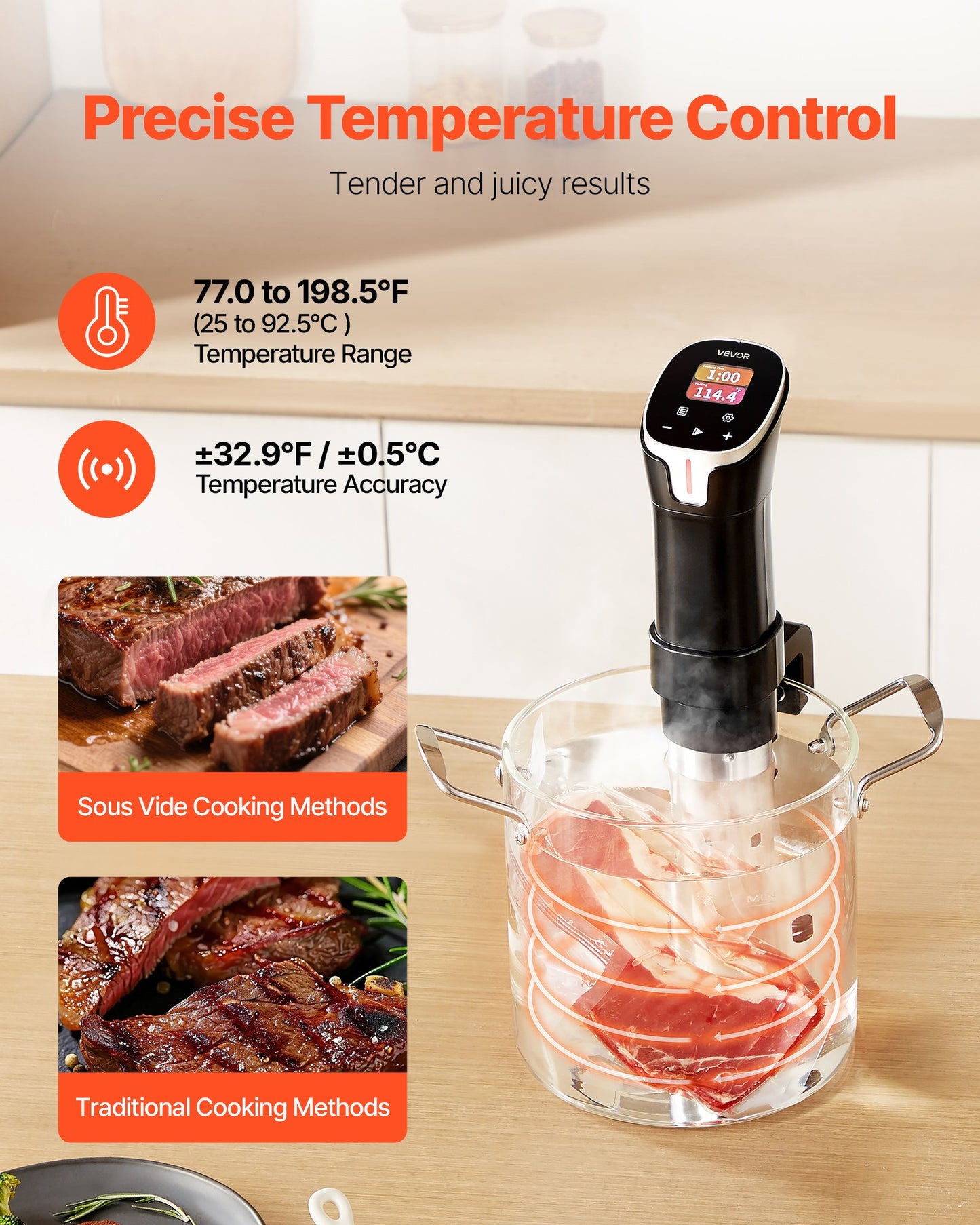 Sous-Vide-Präzisionsgarer, 1100-W-Sous-Vide-Gerät, WLAN-fähiger Umwälzthermostat mit 10 voreingestellten Rezepten, LCD-Touchscreen, schnelles Aufheizen, präzise Temperatur- und Timerfunktion, App-Steuerung, Sous-Vide