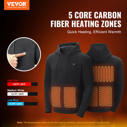Heated Hoodie, Unisex Heated Sweatshirt with Battery Pack 7.4V, Electric Jacket with 5 Heating Zones for Men & Women, Lightweight Warm Heated Outdoor Pullover for Fishing Camping, XXL Size Black