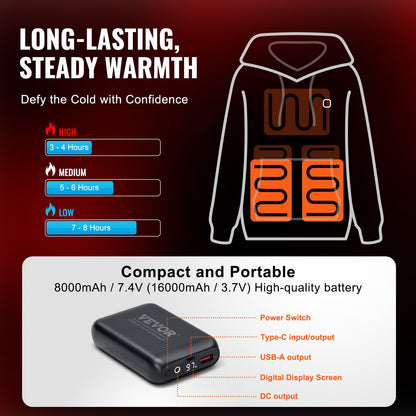 Heated Hoodie, Unisex Heated Sweatshirt with Battery Pack 7.4V, Electric Jacket with 5 Heating Zones for Men & Women, Lightweight Warm Heated Outdoor Pullover for Fishing Camping, XXL Size Black