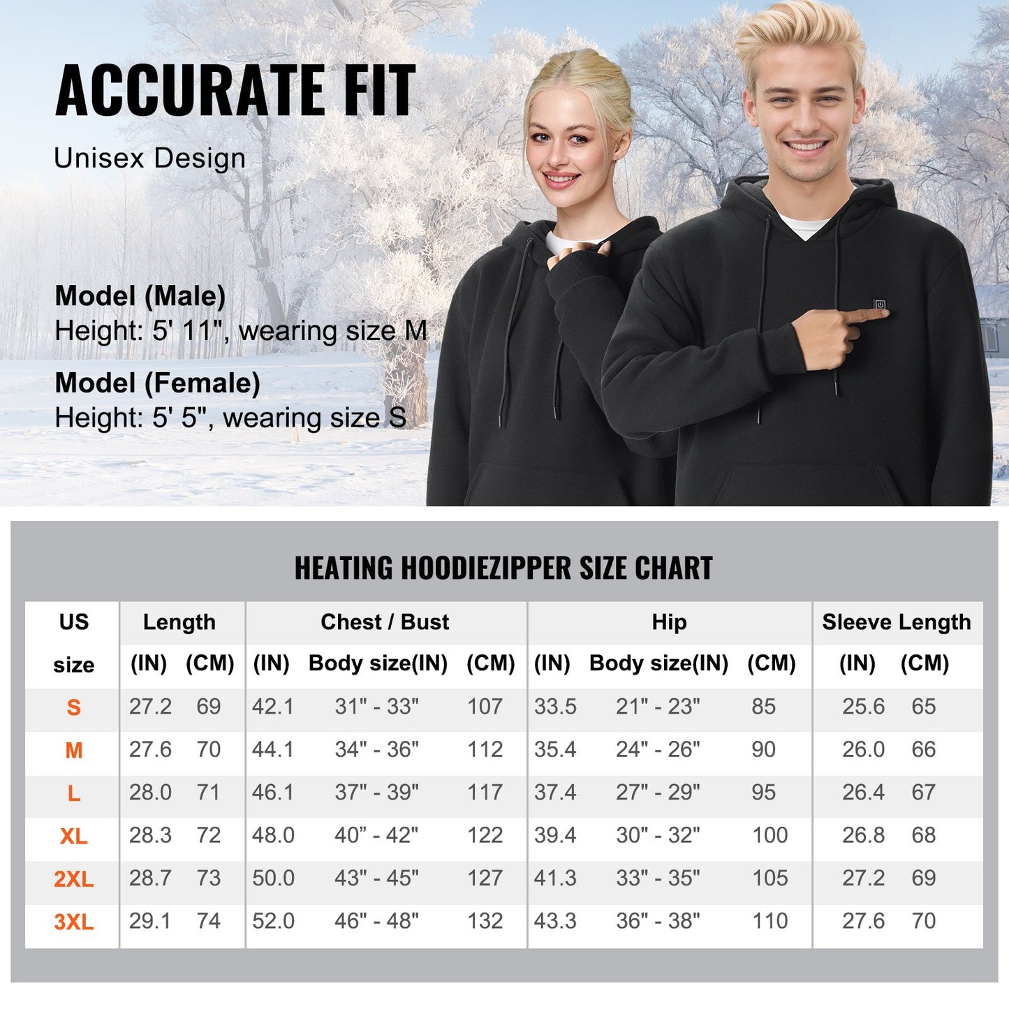 Heated Hoodie, Unisex Heated Sweatshirt with Battery Pack 7.4V, Electric Jacket with 5 Heating Zones for Men & Women, Lightweight Warm Heated Outdoor Pullover for Fishing Camping, XXL Size Black