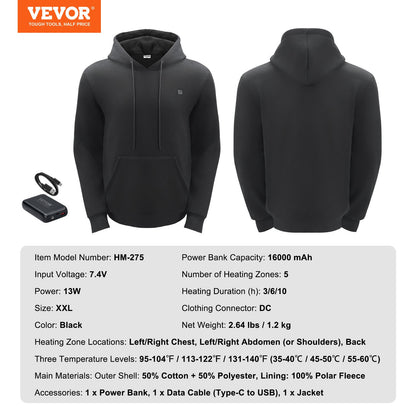 Heated Hoodie, Unisex Heated Sweatshirt with Battery Pack 7.4V, Electric Jacket with 5 Heating Zones for Men & Women, Lightweight Warm Heated Outdoor Pullover for Fishing Camping, XXL Size Black