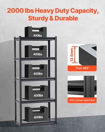 Storage Shelves, 2000 lbs, 5 Tier Garage Storage Shelving, 16" D x 32" W x 72" H Adjustable Metal Shelves for Garage Shelves Utility Rack Shelf, Ideal for Kitchen, Warehouse, Basement, Black