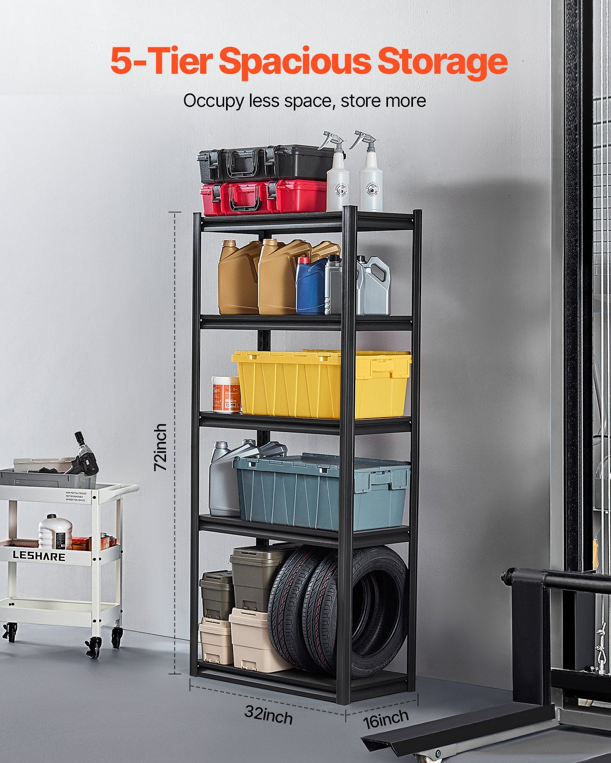 Storage Shelves, 2000 lbs, 5 Tier Garage Storage Shelving, 16" D x 32" W x 72" H Adjustable Metal Shelves for Garage Shelves Utility Rack Shelf, Ideal for Kitchen, Warehouse, Basement, Black