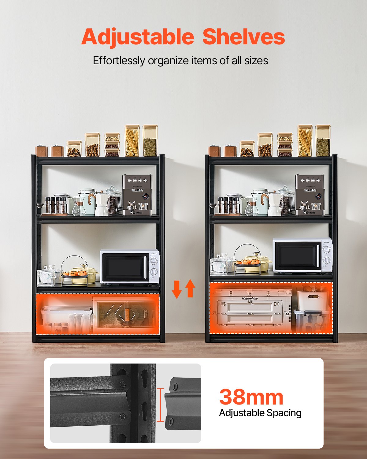 Storage Shelves, 2400 lbs, 4 Tier Garage Storage Shelving, 20" D x 40" W x 57" H Adjustable Metal Shelves for Garage Shelves Utility Rack Shelf, Ideal for Kitchen, Warehouse, Basement, Black